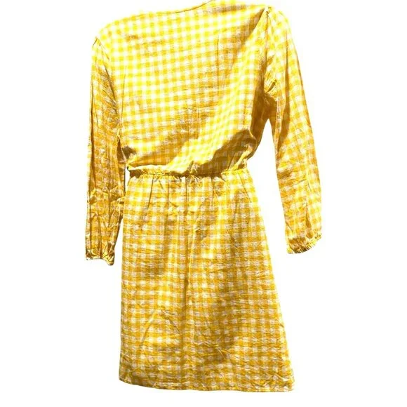 Old Navy Wrap Dress Womens XL Knee Long Sleeve Yellow Gingham Check Cotton - Picture 5 of 16